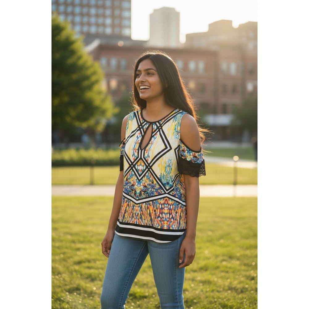 Bisou Bisou Michele Bohbot Cold Shoulder Geometric Lace Trim Blouse Multicolor M